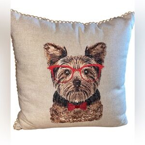 Pier 1 charming Yorkie Dog Accent Pillow with Red Glasses 12X12